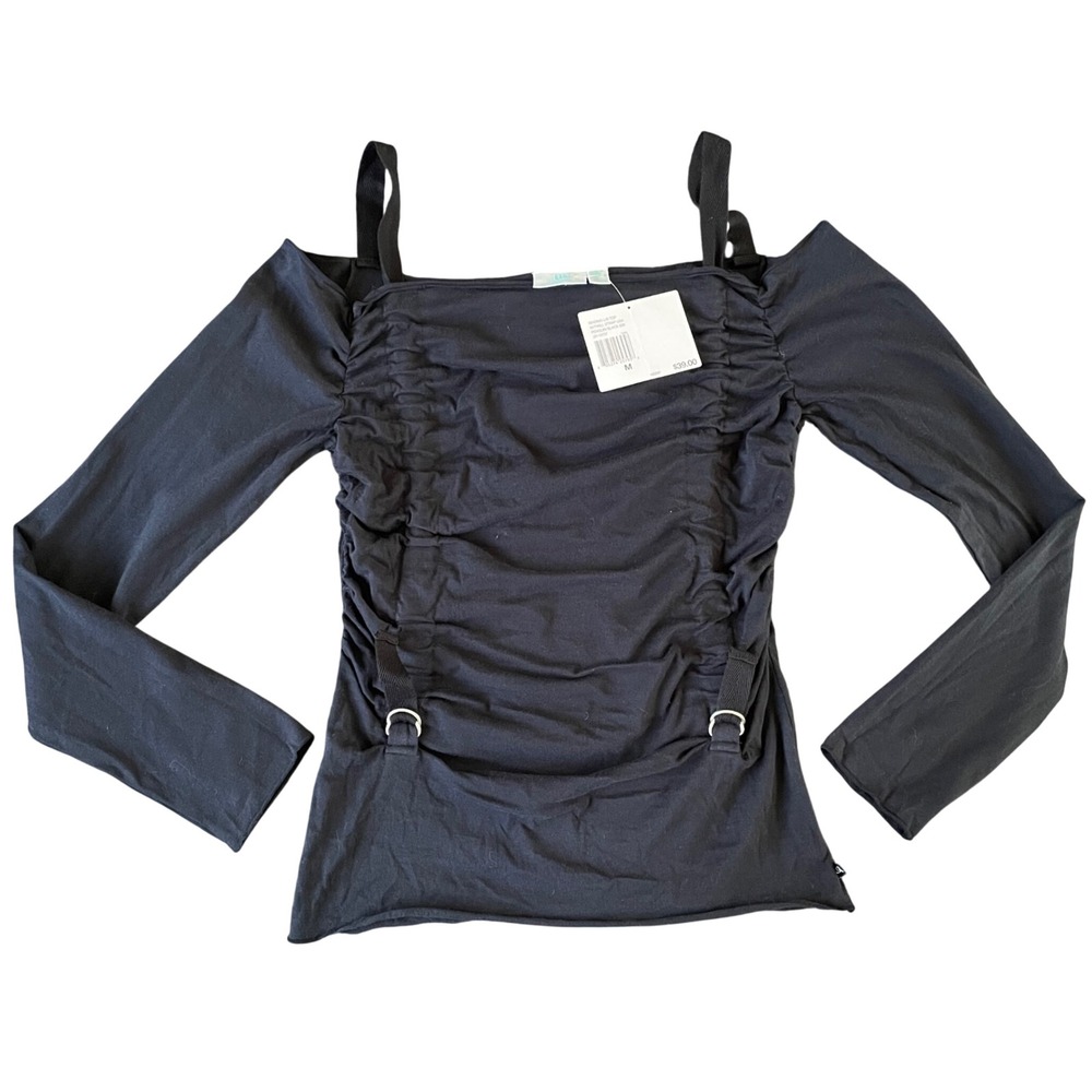 Vintage JLO by Jennifer Lopez Cold Shoulder Top Black M Ruched Y2K NWT Club Goth - Picture 4 of 9